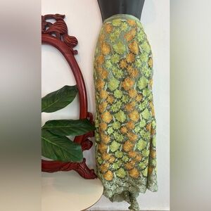 Handmade Green & Orange Floral Embellished Lace Fairycore Straight Maxi Skirt